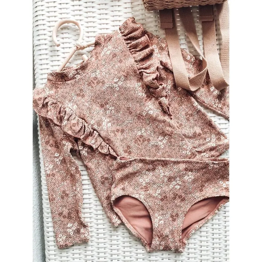 Dusty Rose Blooming Floral Rash Guard 2pc Swimsuit 3/4T